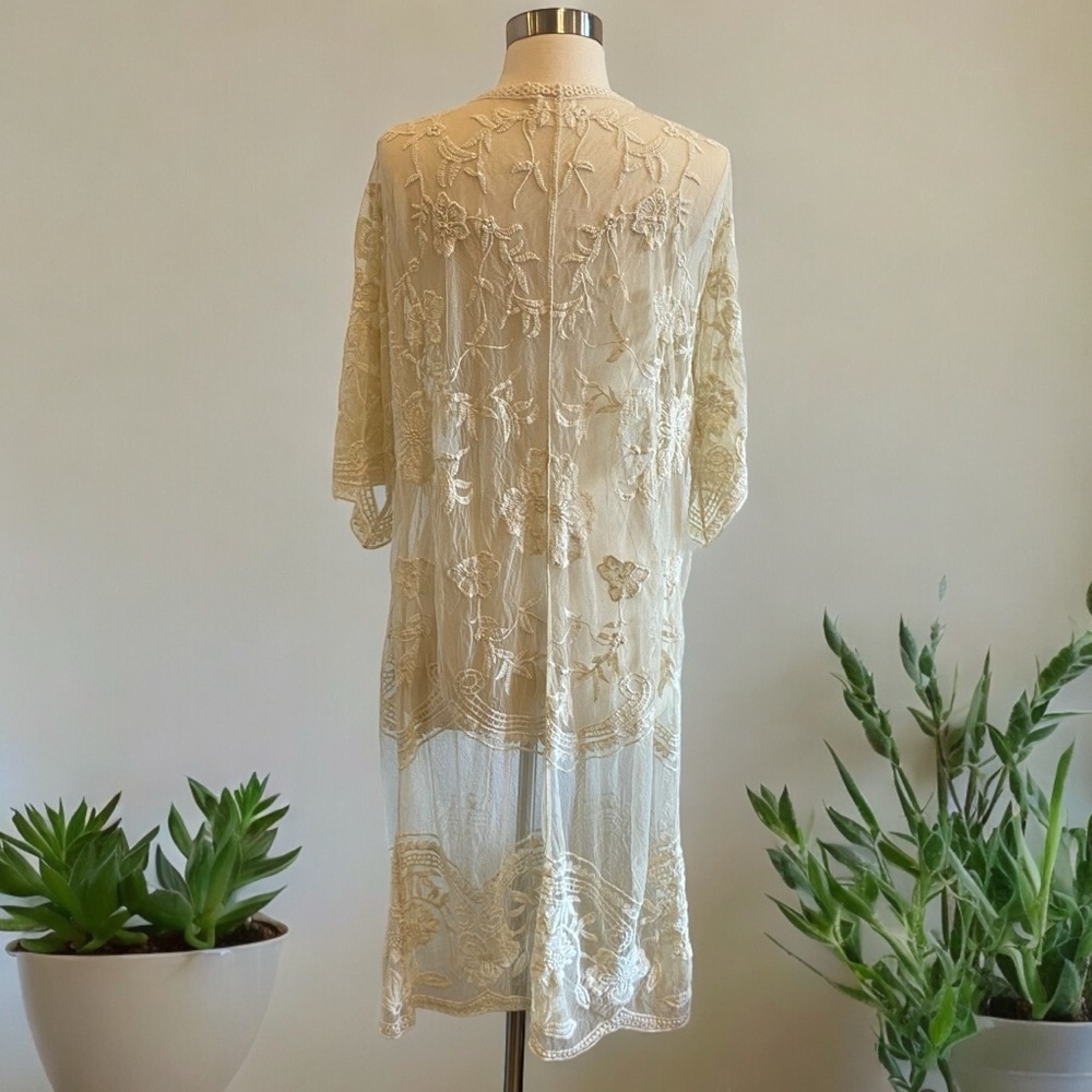 SOLD Boho Open Front Lace Kimono Semi Sheer - Picture 4 of 11